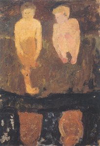 Dos niños desnudos agachados en la orilla II